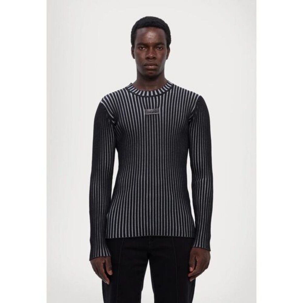 VERSACE Sweater Mens Small Black Pullover Slim Fit Ribbed Logo Plate $500